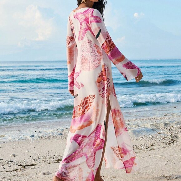 Pink Boho Women's Printed V-Neck Long Sleeve Dress - Picture 7 of 8